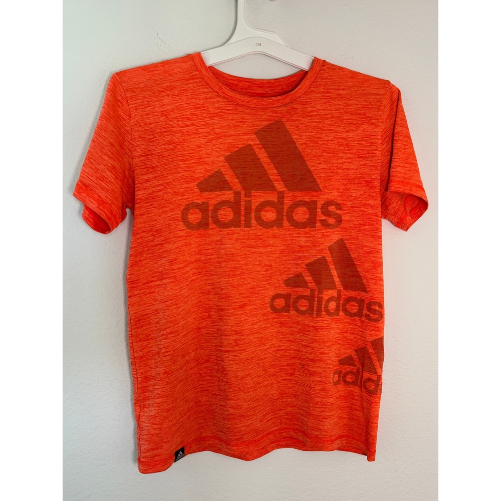 Adidas Boys Orange Primegreen Aeroready Heathered Triple Logo Graphic T-Shirt M